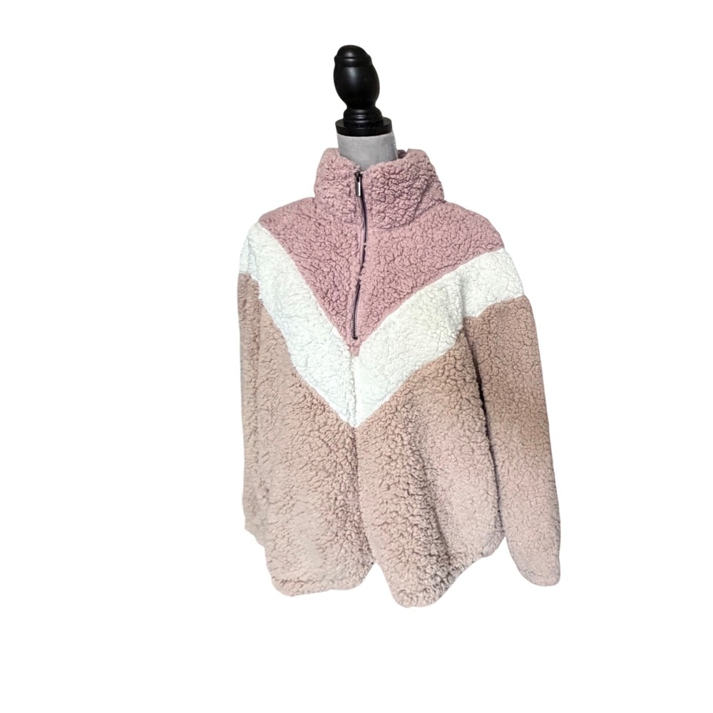 Nine West Womens XL Mauve Colorblock Sherpa Fleece Quarter Zip Pullover Jacket